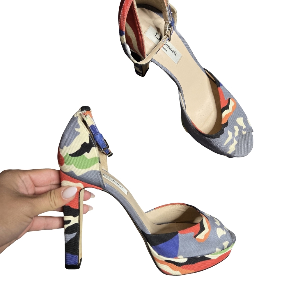 L.K. Bennett Selina Peep Toe Multicolor Patterned Heels Size: 39
